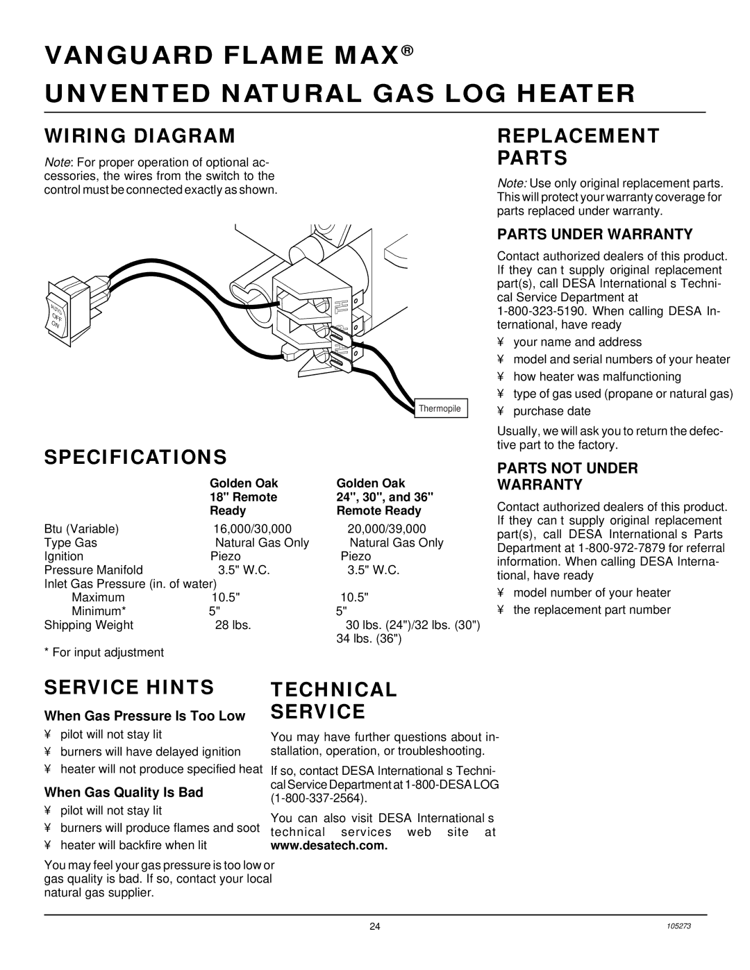 Vanguard Heating UNVENTED (VENT-FREE) NATURAL GAS LOG HEATER Wiring Diagram Replacement Parts, Specifications 