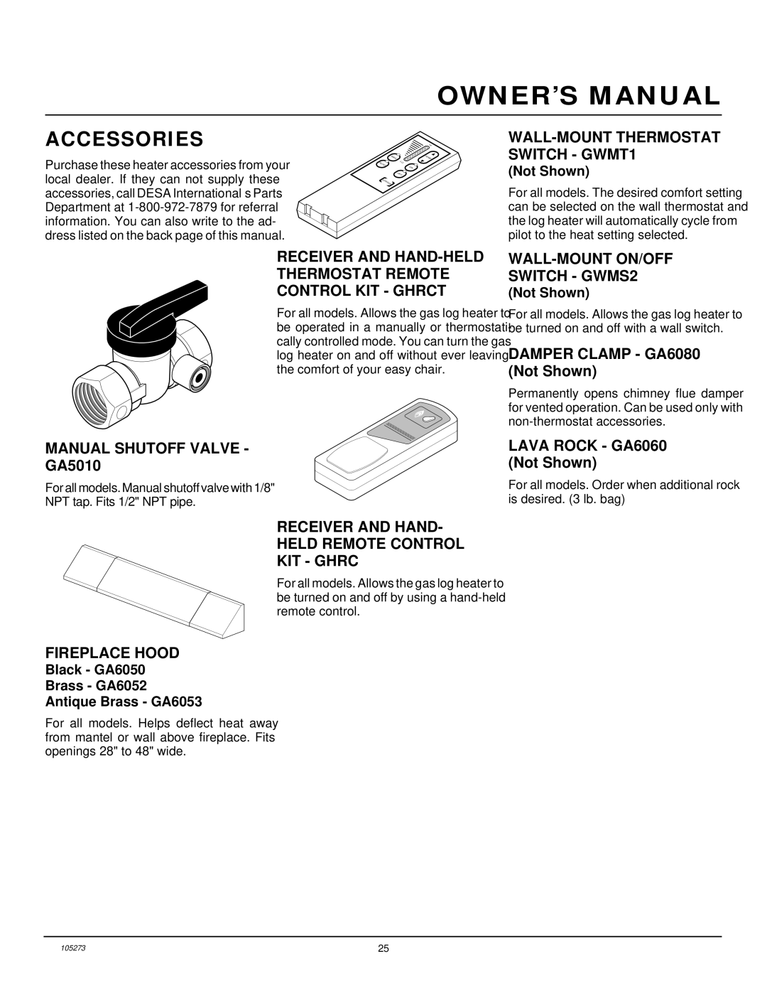 Vanguard Heating UNVENTED (VENT-FREE) NATURAL GAS LOG HEATER installation manual Accessories 