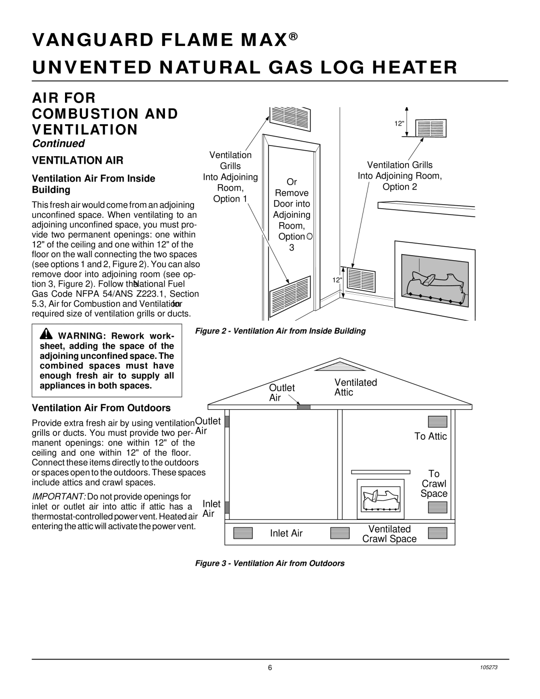 Vanguard Heating UNVENTED (VENT-FREE) NATURAL GAS LOG HEATER Ventilation AIR, Ventilation Air From Inside, Building 