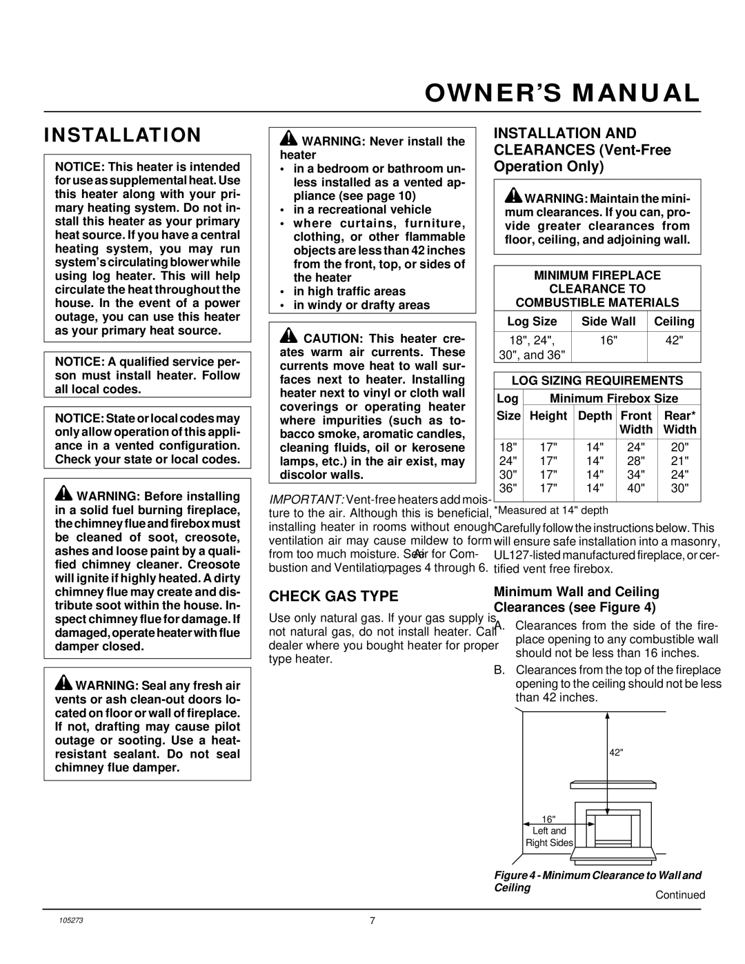 Vanguard Heating UNVENTED (VENT-FREE) NATURAL GAS LOG HEATER installation manual Installation, Check GAS Type 