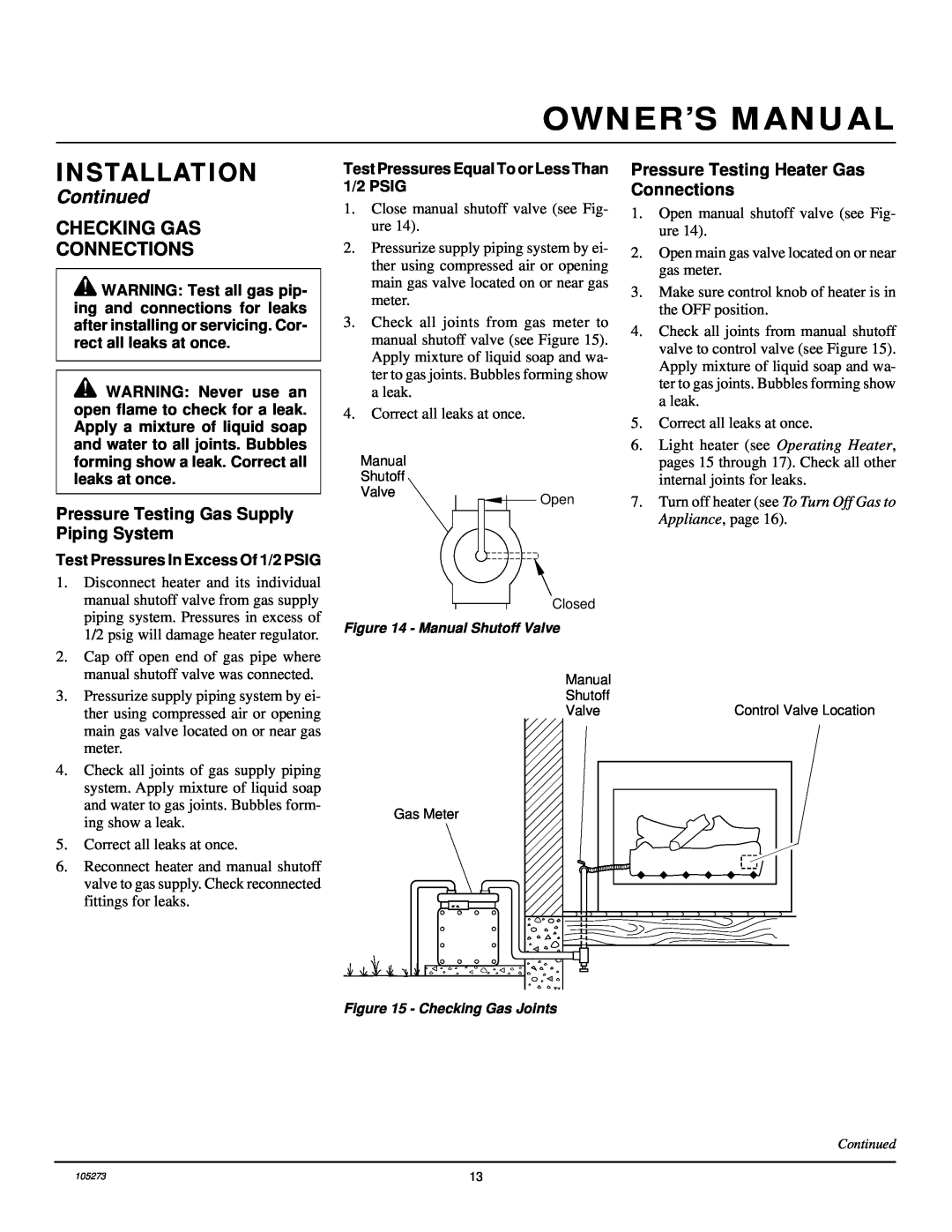 Vanguard Heating UNVENTED (VENT-FREE) NATURAL GAS LOG HEATER installation manual Installation, Continued 