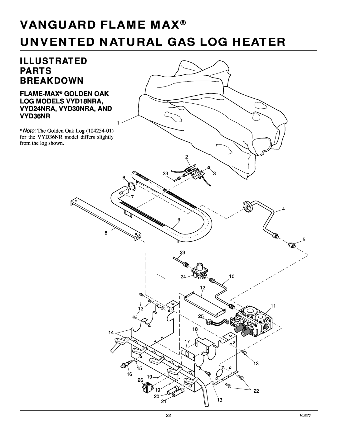 Vanguard Heating UNVENTED (VENT-FREE) NATURAL GAS LOG HEATER Illustrated Parts Breakdown, Vanguard Flame Max, 2113, 105273 