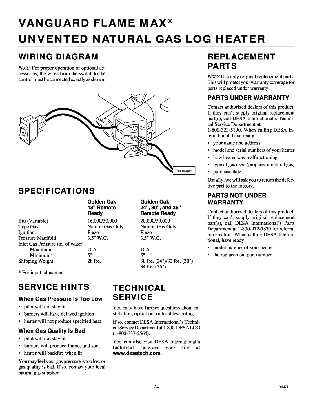 Vanguard Heating UNVENTED (VENT-FREE) NATURAL GAS LOG HEATER Wiring Diagram, Replacement Parts, Specifications 