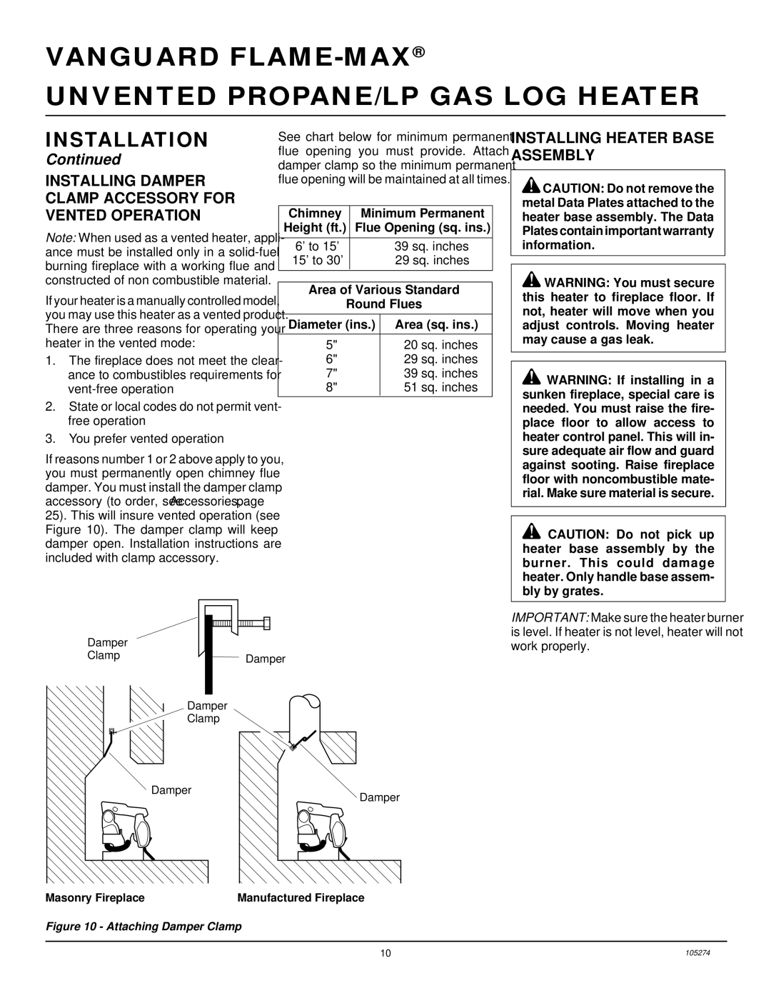 Vanguard Heating UNVENTED (VENT-FREE) PROPANE/LP GAS LOG HEATER Installing Damper Clamp Accessory for Vented Operation 