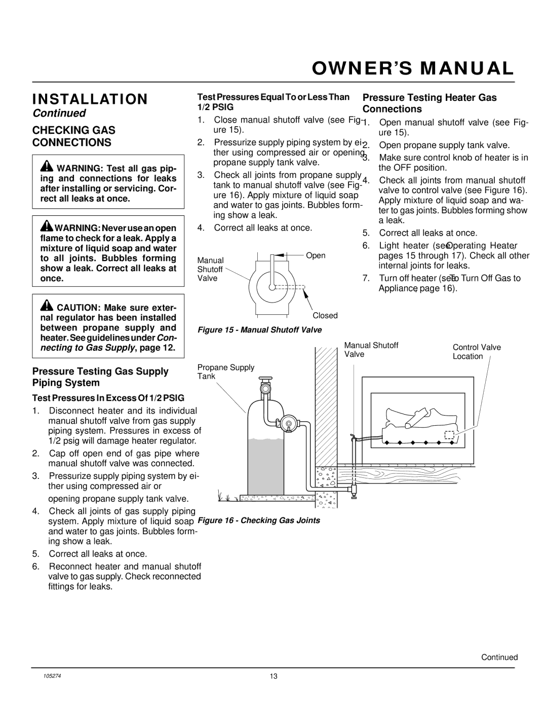 Vanguard Heating UNVENTED (VENT-FREE) PROPANE/LP GAS LOG HEATER installation manual Checking GAS Connections 