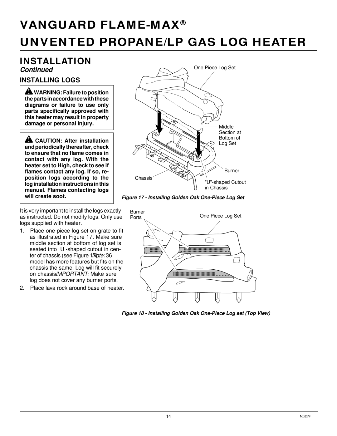 Vanguard Heating UNVENTED (VENT-FREE) PROPANE/LP GAS LOG HEATER Installing Logs, Place lava rock around base of heater 