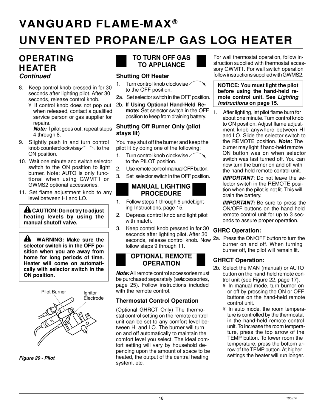 Vanguard Heating UNVENTED (VENT-FREE) PROPANE/LP GAS LOG HEATER To Turn OFF GAS To Appliance, Manual Lighting Procedure 