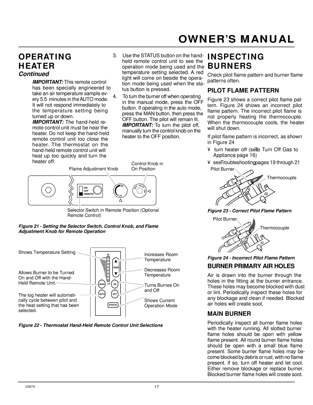 Vanguard Heating UNVENTED (VENT-FREE) PROPANE/LP GAS LOG HEATER Operating, Inspecting Burners, Pilot Flame Pattern 