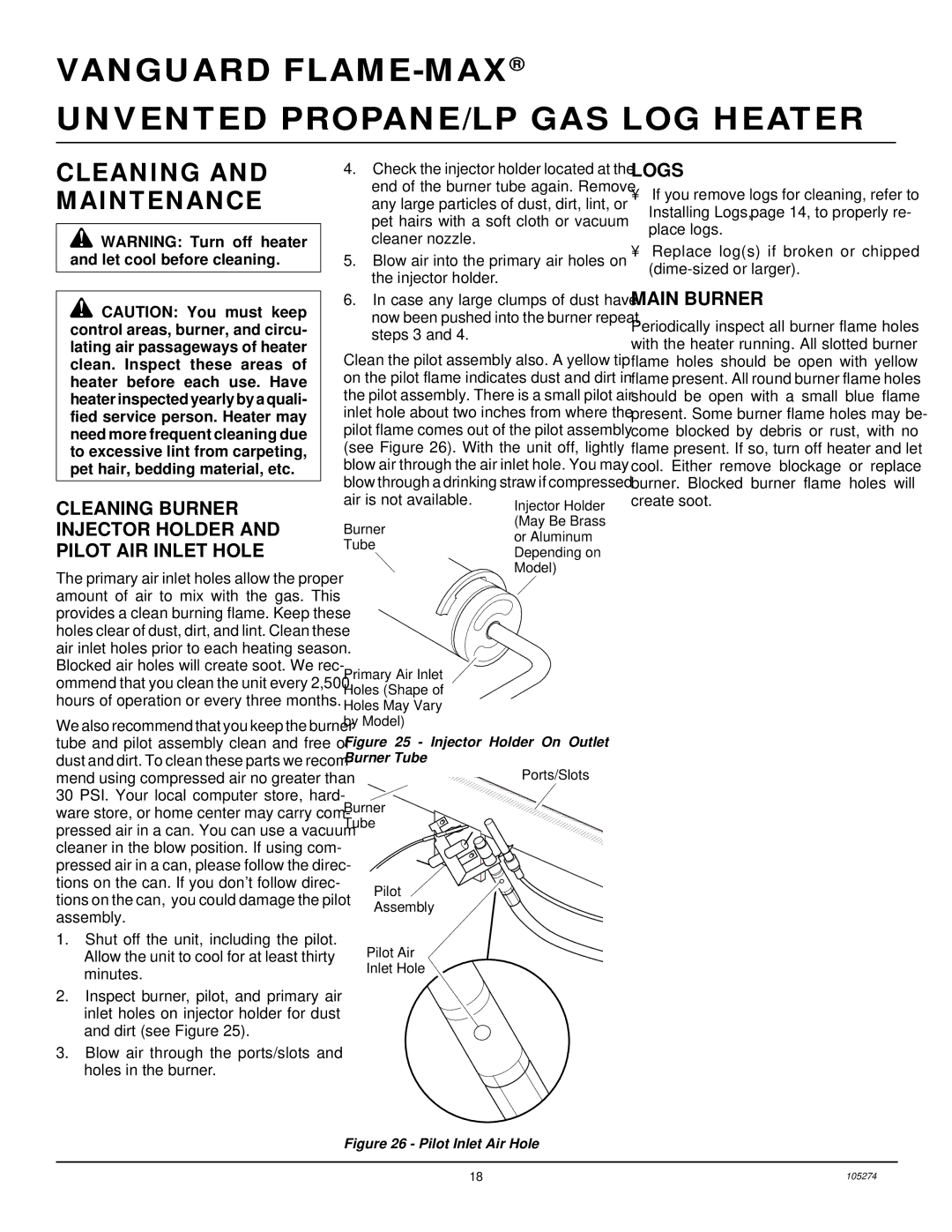 Vanguard Heating UNVENTED (VENT-FREE) PROPANE/LP GAS LOG HEATER installation manual Cleaning and Maintenance, Logs 