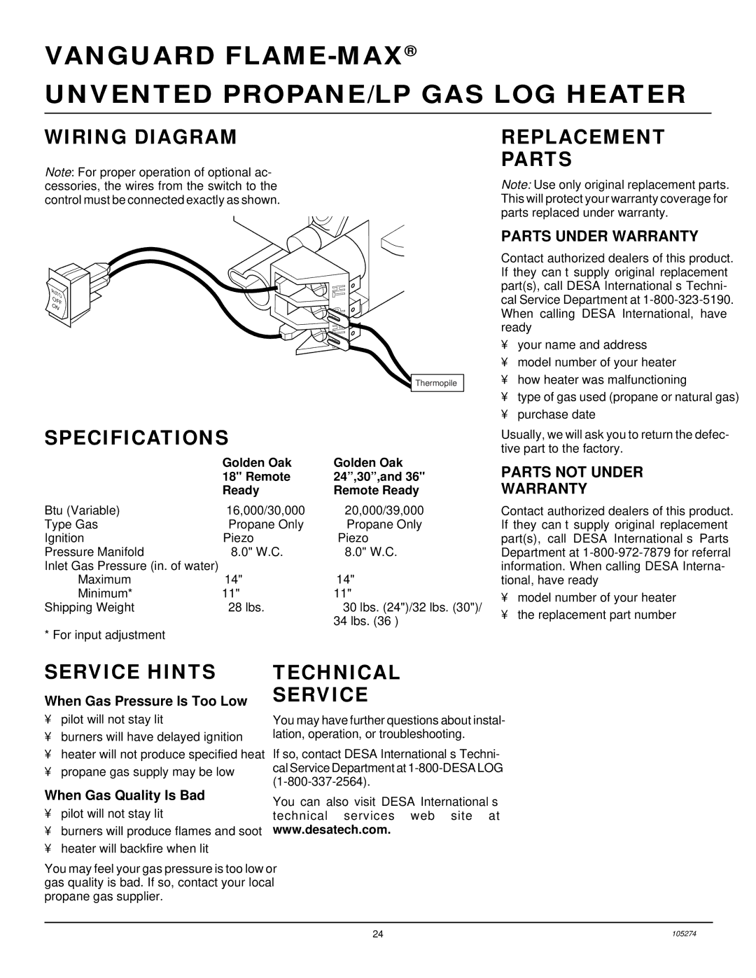 Vanguard Heating UNVENTED (VENT-FREE) PROPANE/LP GAS LOG HEATER Wiring Diagram, Specifications, Replacement Parts 