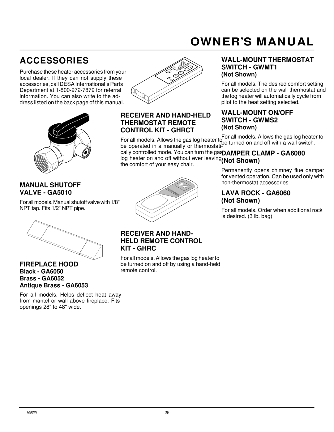 Vanguard Heating UNVENTED (VENT-FREE) PROPANE/LP GAS LOG HEATER installation manual Accessories 