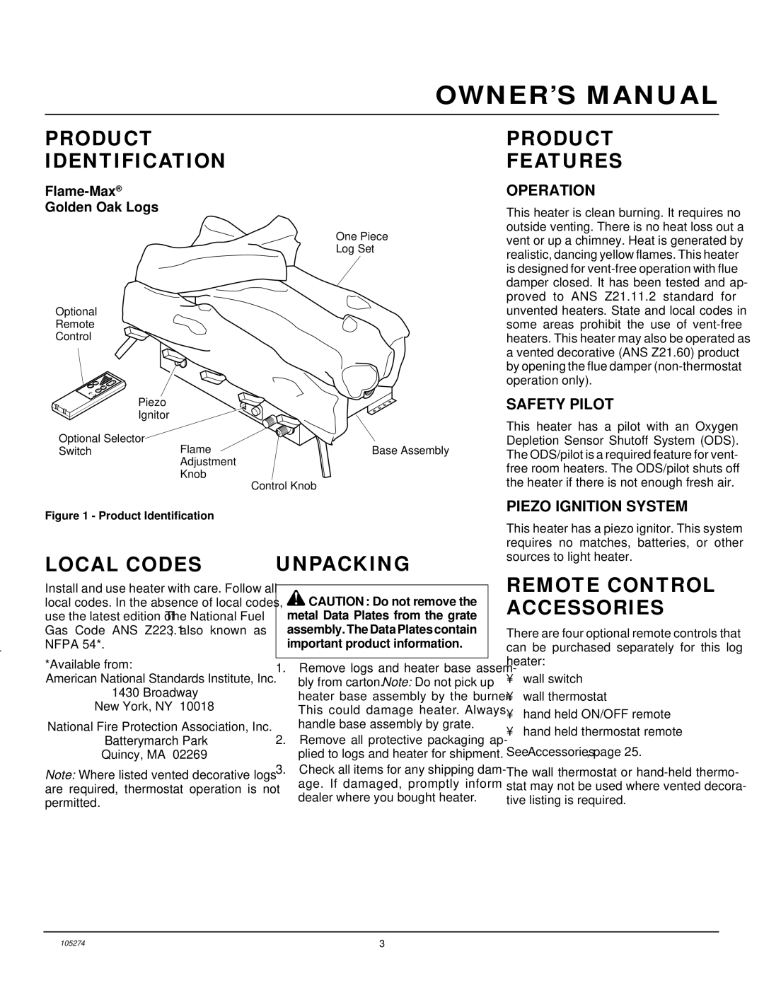 Vanguard Heating UNVENTED (VENT-FREE) PROPANE/LP GAS LOG HEATER Product Identification, Remote Control Accessories 