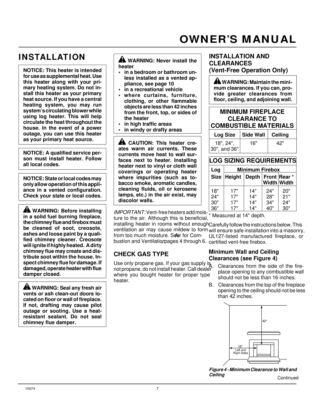 Vanguard Heating UNVENTED (VENT-FREE) PROPANE/LP GAS LOG HEATER Installation, LOG Sizing Requirements, Check GAS Type 