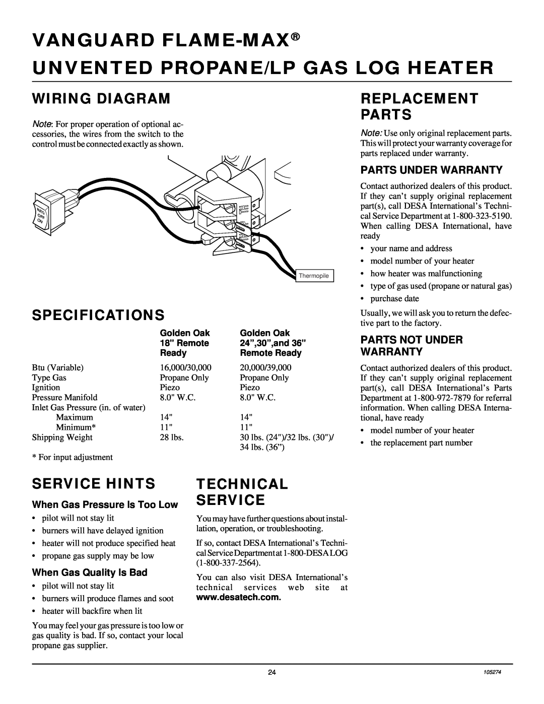 Vanguard Heating UNVENTED (VENT-FREE) PROPANE/LP GAS LOG HEATER Wiring Diagram, Specifications, Replacement Parts 