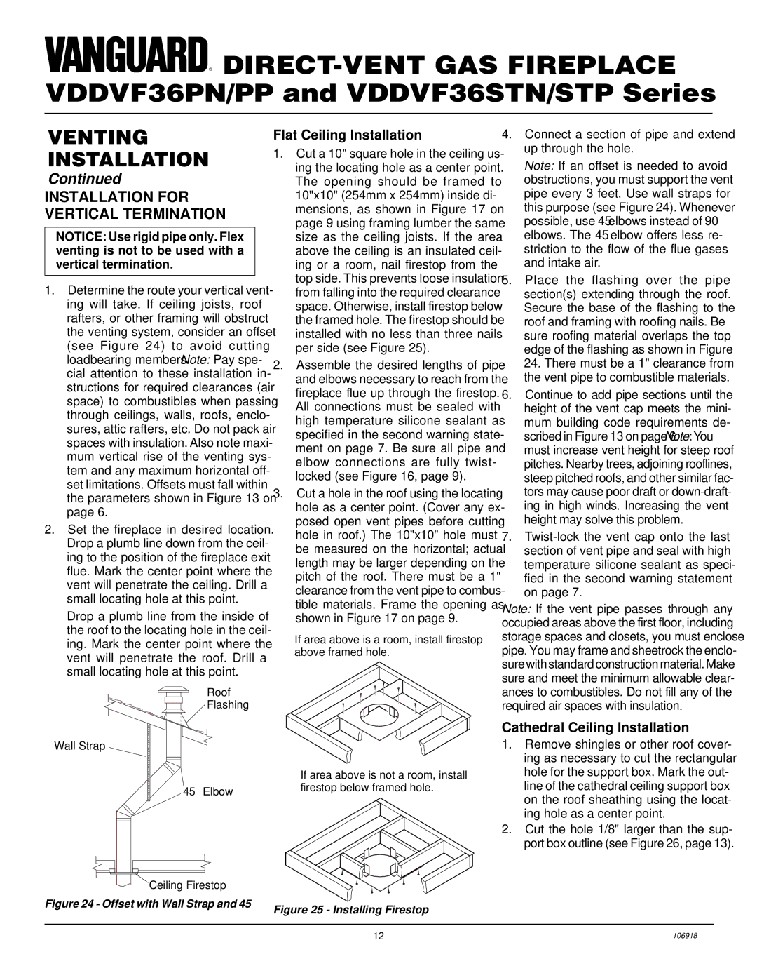 Vanguard Heating VDDVF36PN/PP, VDDVF36STN/STP Installation for Vertical Termination, Flat Ceiling Installation 