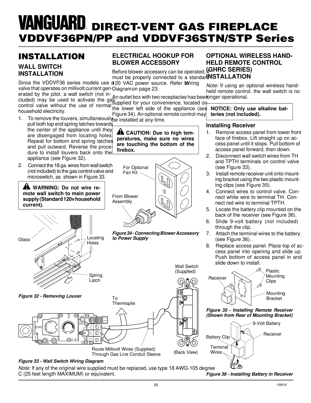 Vanguard Heating VDDVF36PN/PP Wall Switch Installation, Electrical Hookup for Blower Accessory, Installing Receiver 