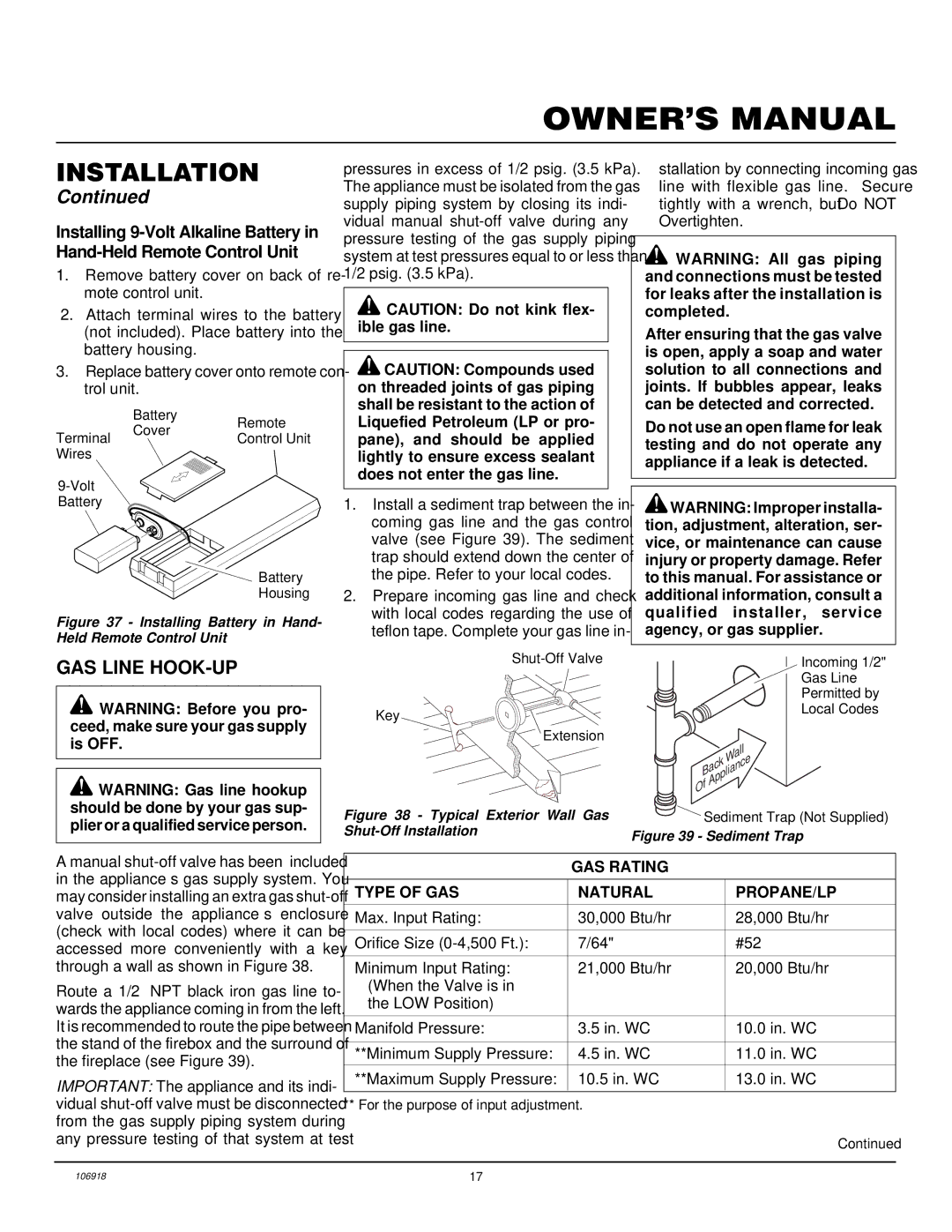 Vanguard Heating VDDVF36STN/STP, VDDVF36PN/PP GAS Line HOOK-UP, GAS Rating Type of GAS Natural PROPANE/LP 