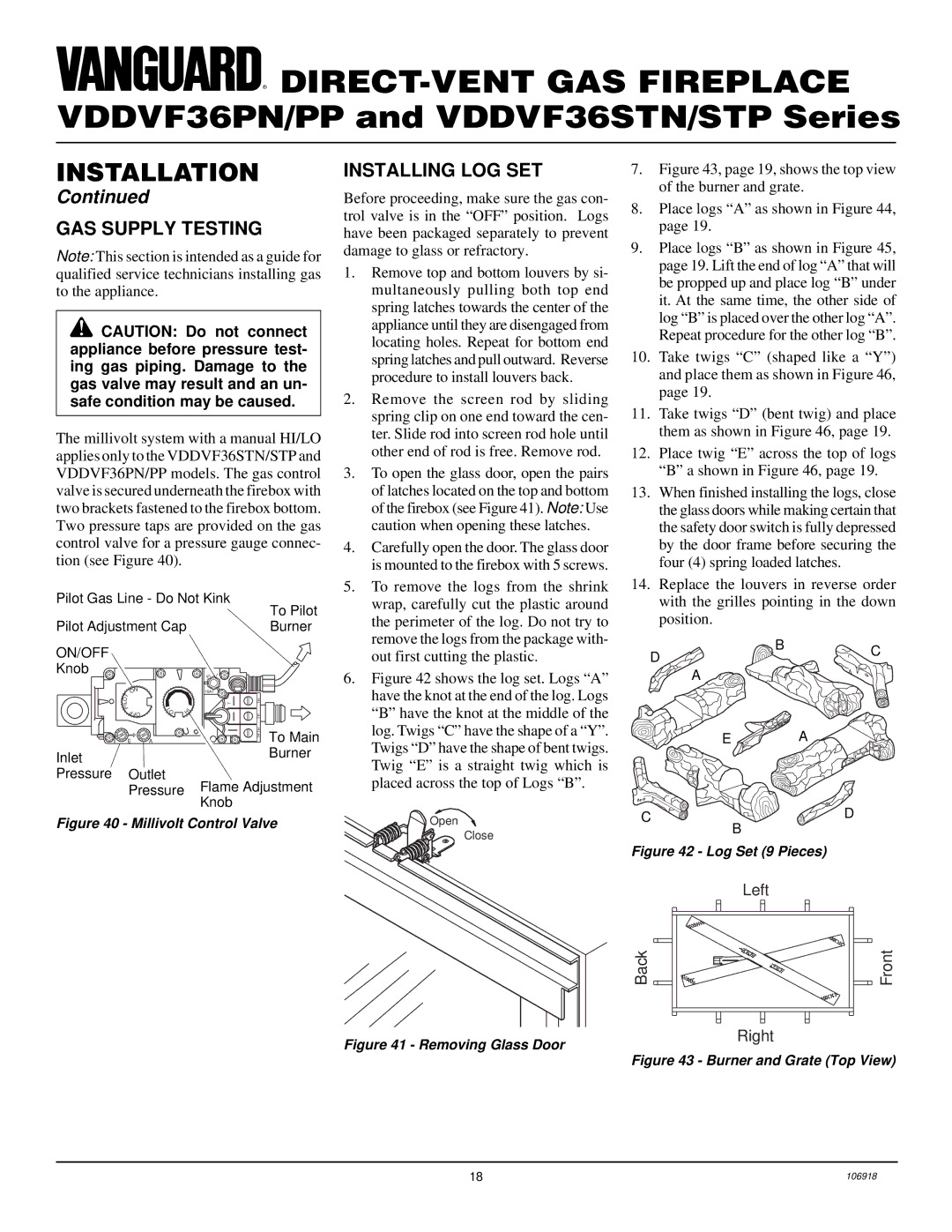 Vanguard Heating VDDVF36PN/PP, VDDVF36STN/STP installation manual GAS Supply Testing, Installing LOG SET 