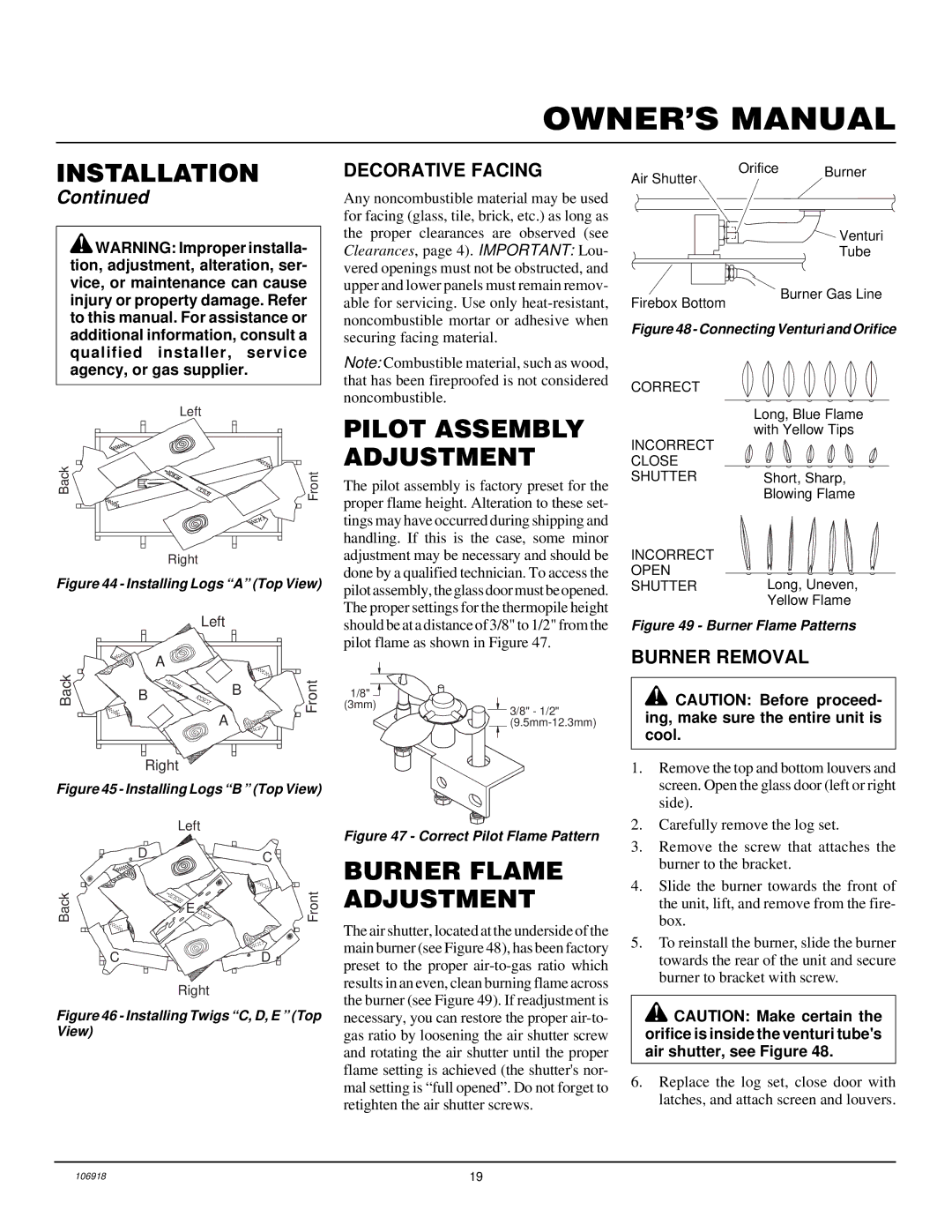 Vanguard Heating VDDVF36STN/STP Pilot Assembly Adjustment, Burner Flame Adjustment, Decorative Facing, Burner Removal 