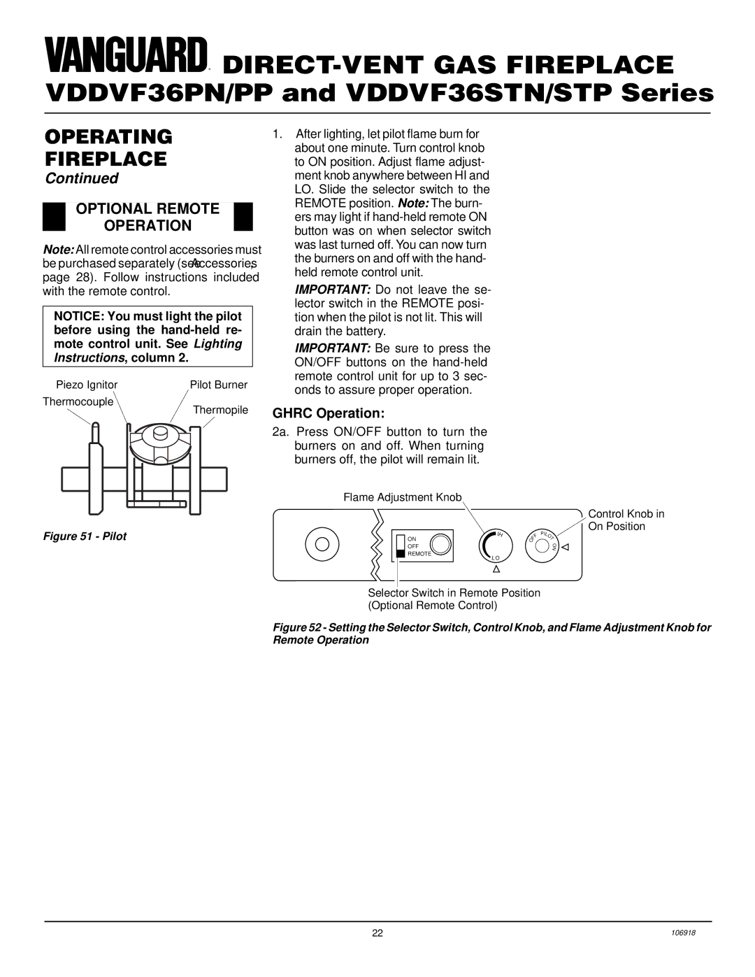 Vanguard Heating VDDVF36PN/PP, VDDVF36STN/STP installation manual Optional Remote Operation, Ghrc Operation 