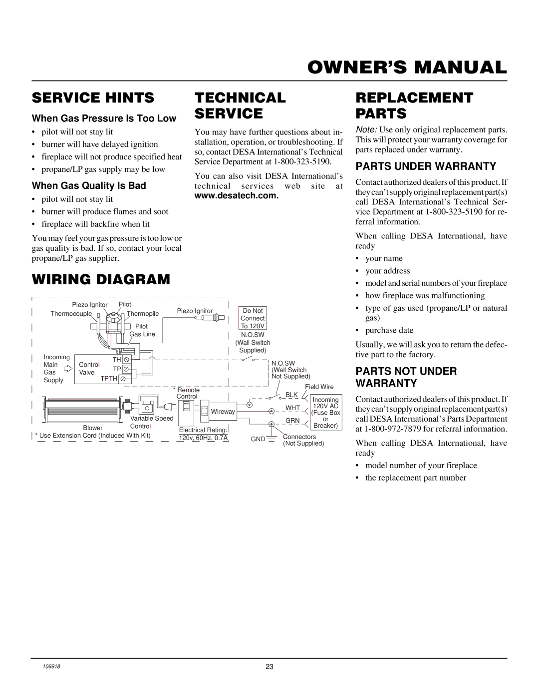 Vanguard Heating VDDVF36STN/STP, VDDVF36PN/PP Service Hints, Technical Service, Replacement Parts, Wiring Diagram 