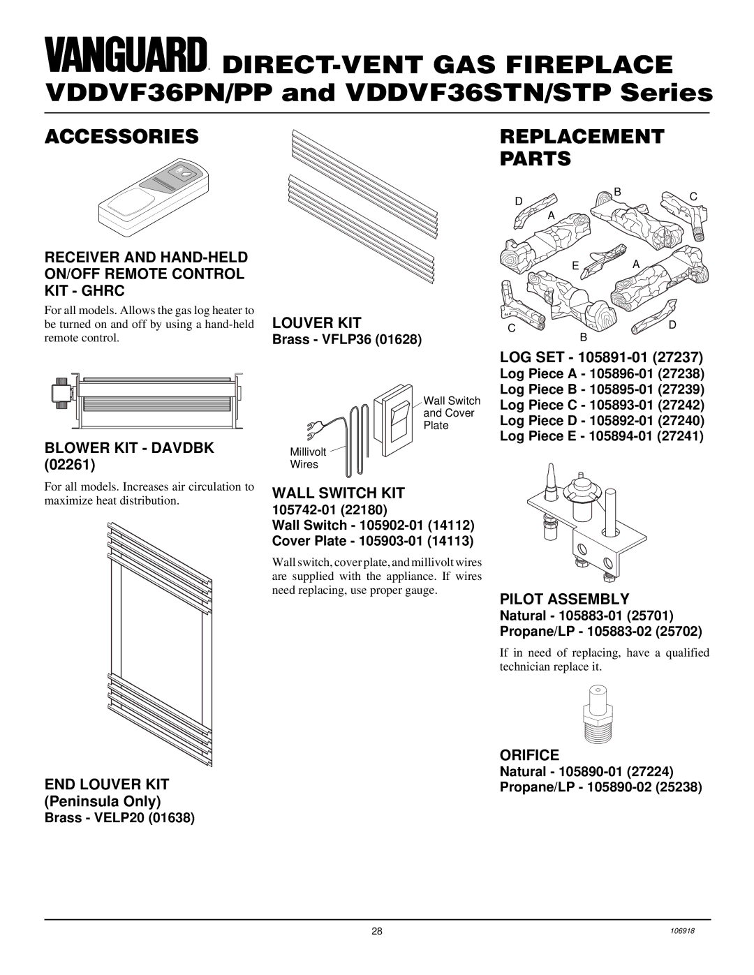 Vanguard Heating VDDVF36PN/PP, VDDVF36STN/STP installation manual Accessories Replacement Parts 