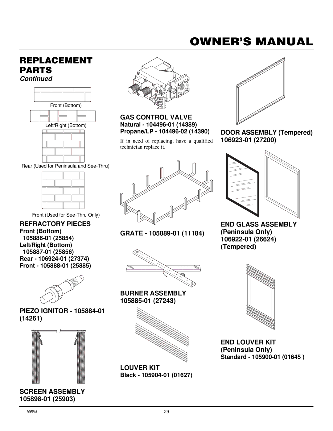 Vanguard Heating VDDVF36STN/STP Refractory Pieces, GAS Control Valve, Natural 104496-01 14389 Propane/LP 104496-02 