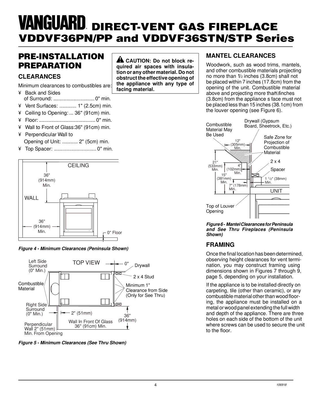 Vanguard Heating VDDVF36PN/PP, VDDVF36STN/STP PRE-INSTALLATION Preparation, Mantel Clearances, Framing 