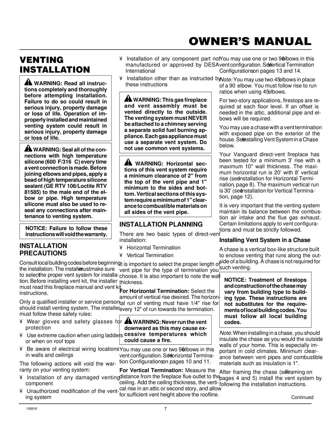 Vanguard Heating VDDVF36STN/STP, VDDVF36PN/PP Venting Installation, Installation Precautions, Installation Planning 