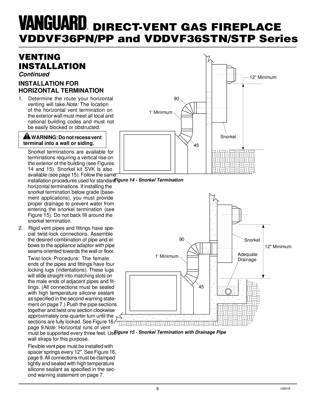 Vanguard Heating VDDVF36PN/PP, VDDVF36STN/STP Installation for Horizontal Termination, Snorkel Termination 