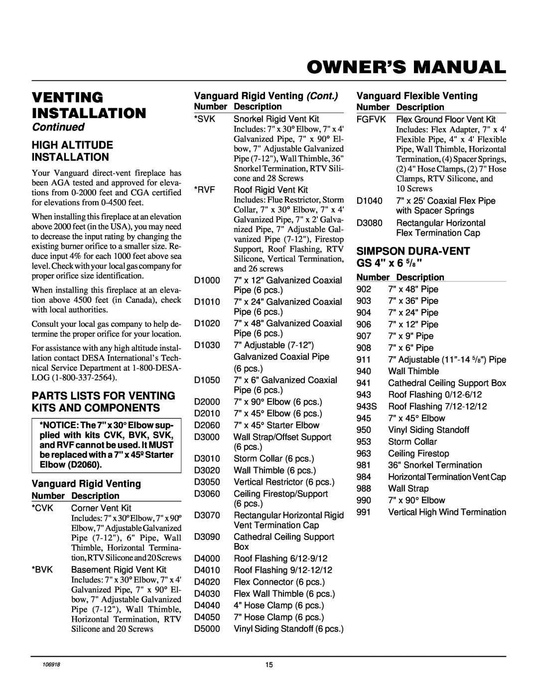 Vanguard Heating VDDVF36STN/STP Installation, Continued, Vanguard Rigid Venting Cont, Vanguard Flexible Venting 