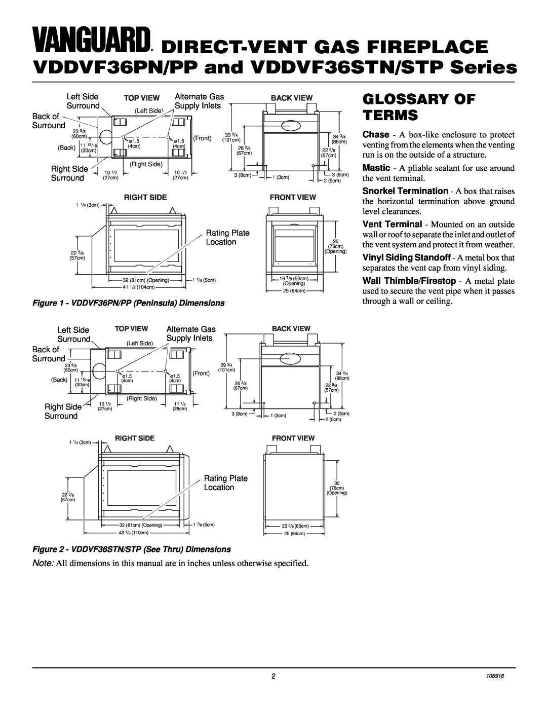 Vanguard Heating installation manual VDDVF36PN/PP and VDDVF36STN/STP Series, Glossary Of Terms, Direct-Ventgas Fireplace 