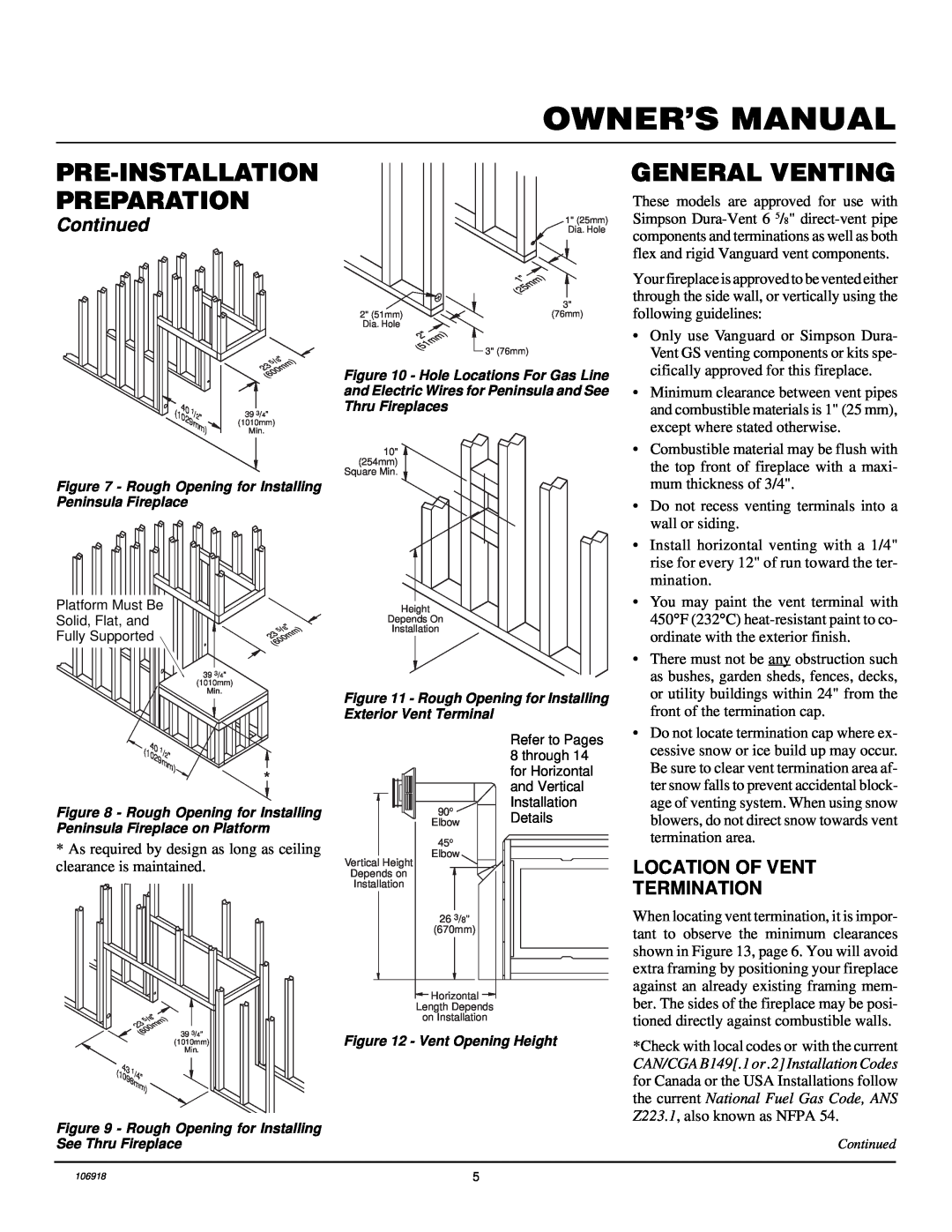 Vanguard Heating VDDVF36STN/STP Pre-Installation Preparation, General Venting, Continued, Location Of Vent Termination 