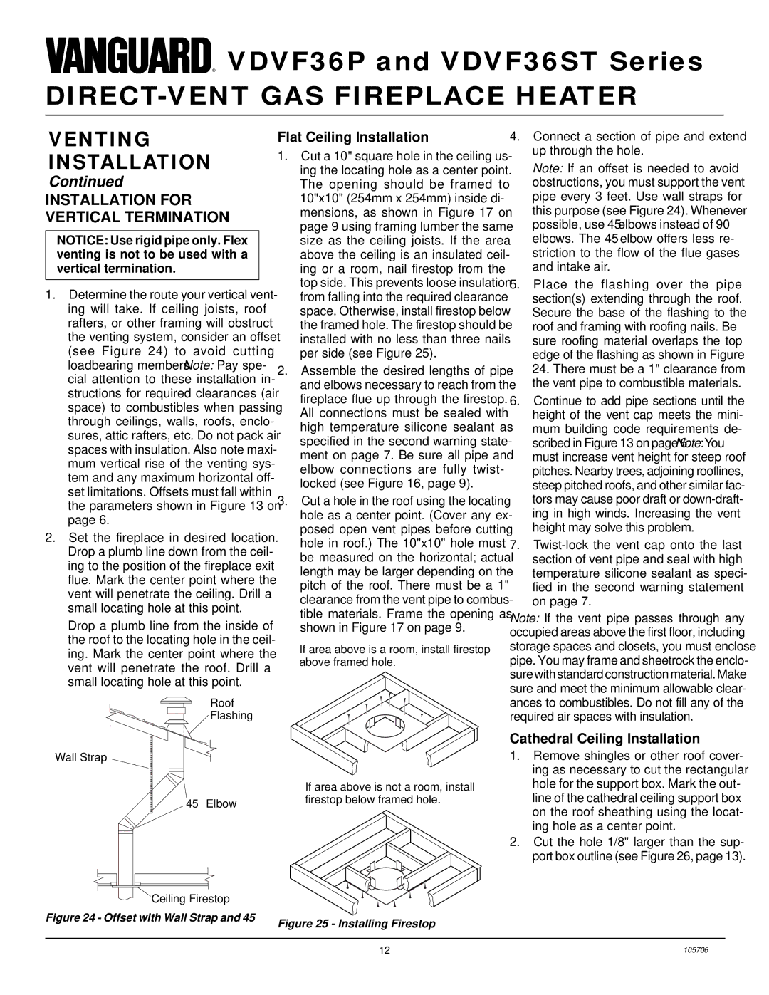 Vanguard Heating VDVF36STP, VDVF36STN, VDVF36PN, VDVF36PP Installation for Vertical Termination, Flat Ceiling Installation 