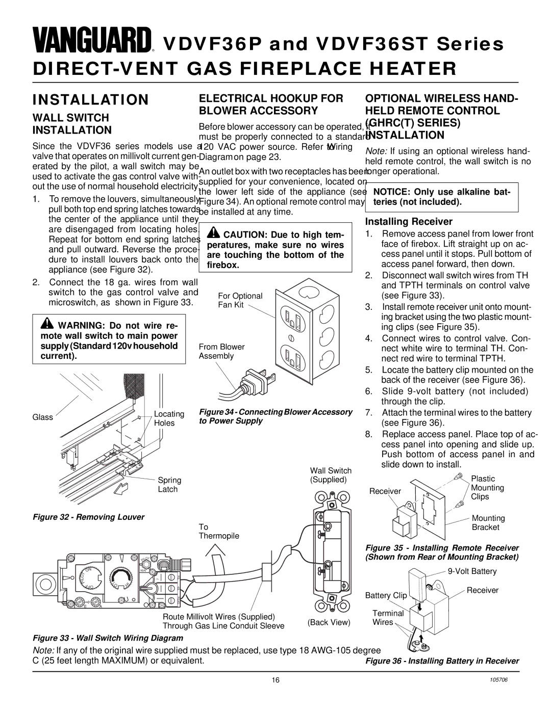 Vanguard Heating VDVF36STP, VDVF36PN Wall Switch Installation, Electrical Hookup for Blower Accessory, Installing Receiver 