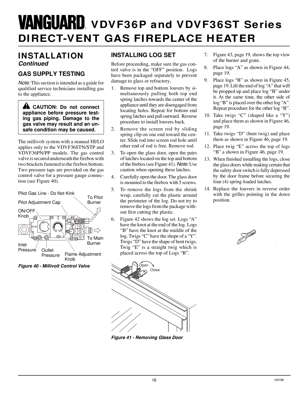 Vanguard Heating VDVF36PN, VDVF36STP, VDVF36STN, VDVF36PP installation manual GAS Supply Testing, Installing LOG SET 