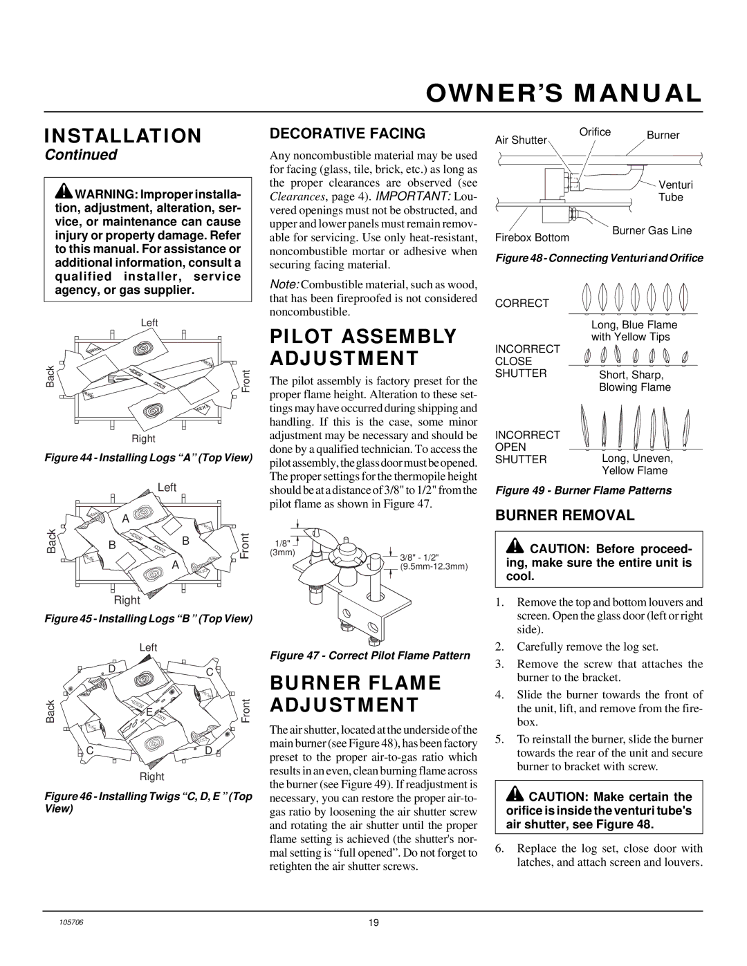 Vanguard Heating VDVF36PP, VDVF36STP Pilot Assembly Adjustment, Burner Flame Adjustment, Decorative Facing, Burner Removal 