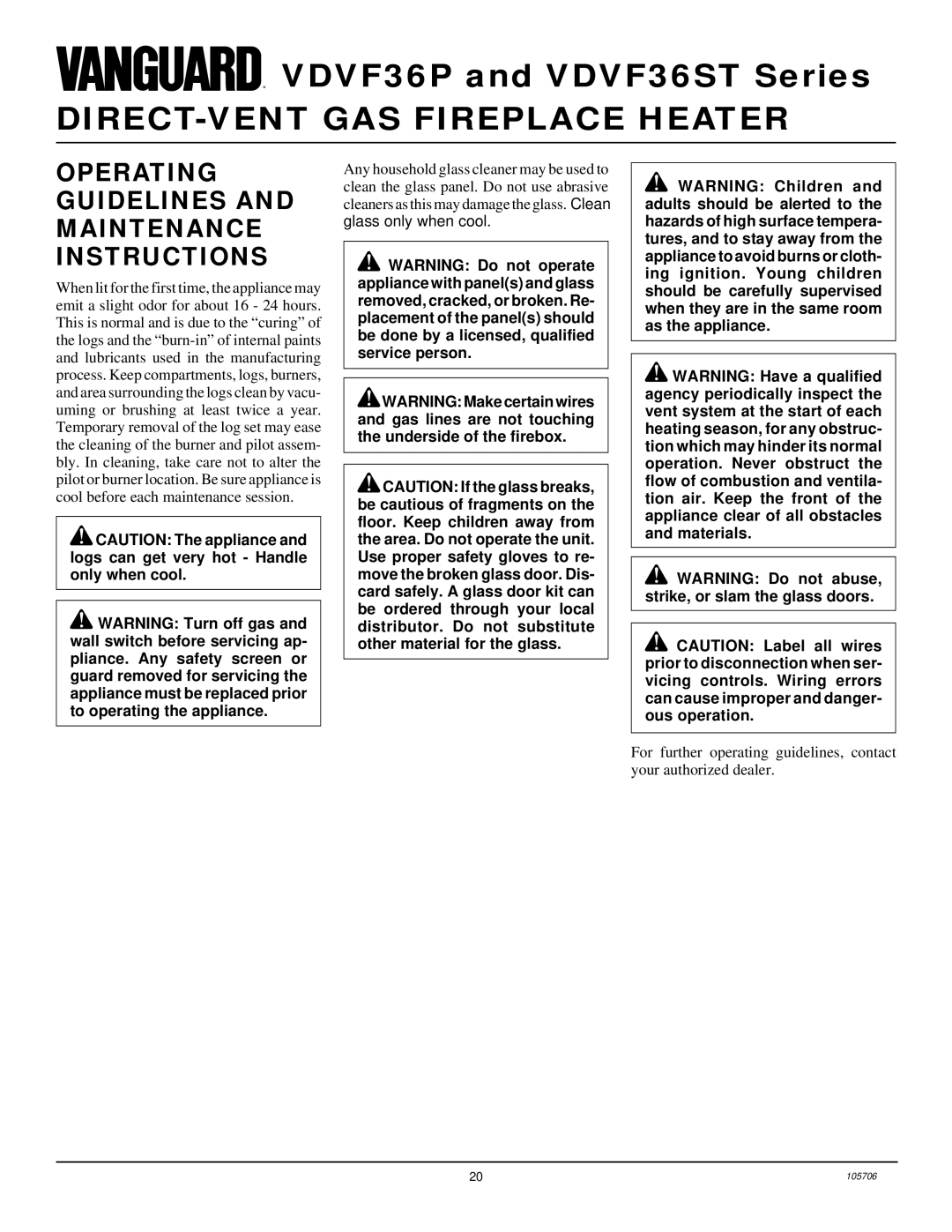 Vanguard Heating VDVF36STP, VDVF36STN, VDVF36PN, VDVF36PP Operating Guidelines and Maintenance Instructions 