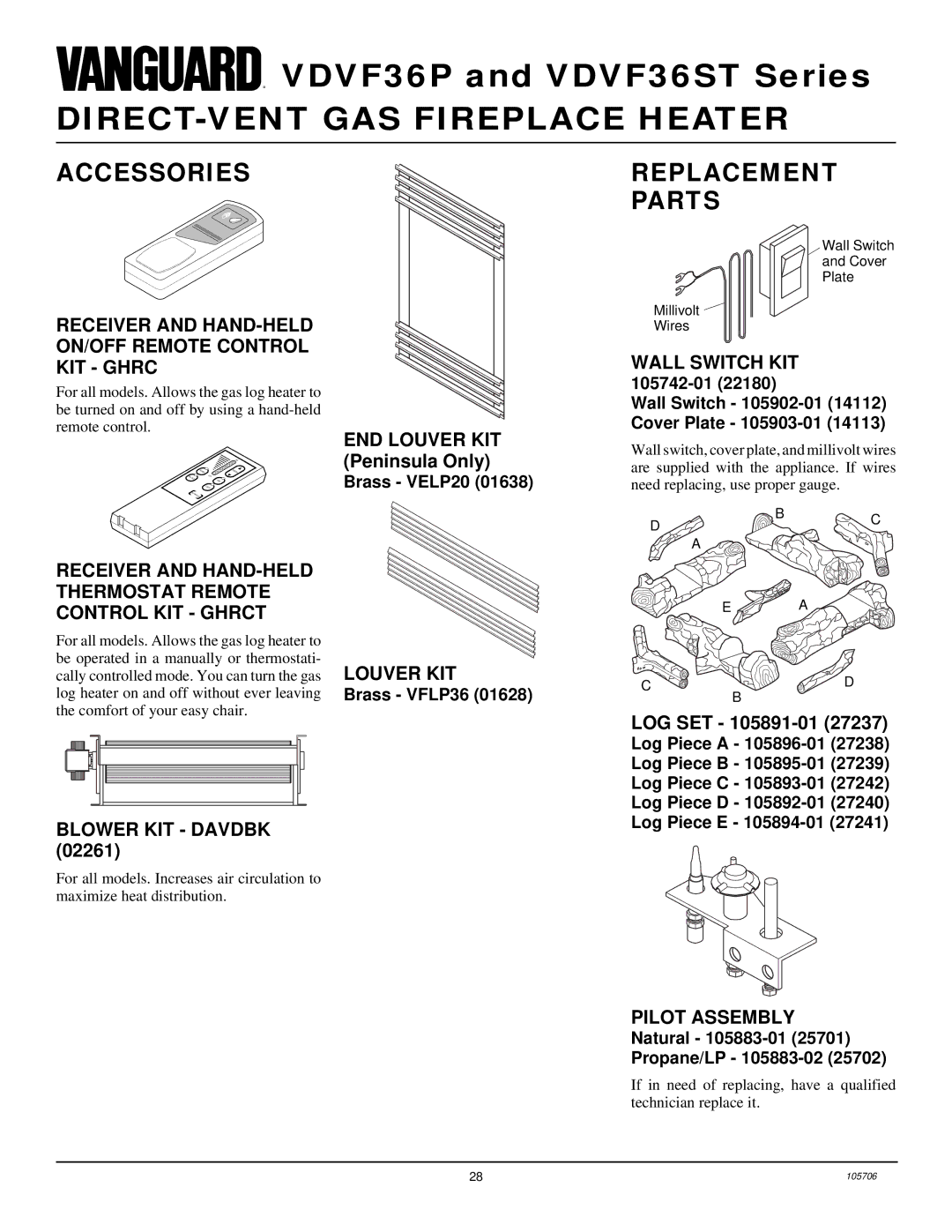 Vanguard Heating VDVF36STP, VDVF36STN, VDVF36PN Accessories, Wall Switch KIT, Blower KIT Davdbk, Louver KIT, Pilot Assembly 