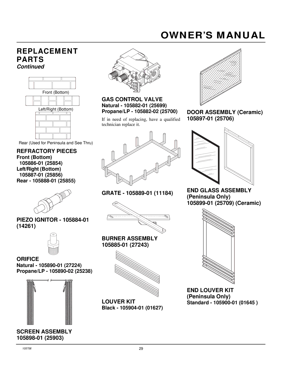 Vanguard Heating VDVF36STN, VDVF36STP, VDVF36PN, VDVF36PP installation manual Refractory Pieces, Orifice, GAS Control Valve 