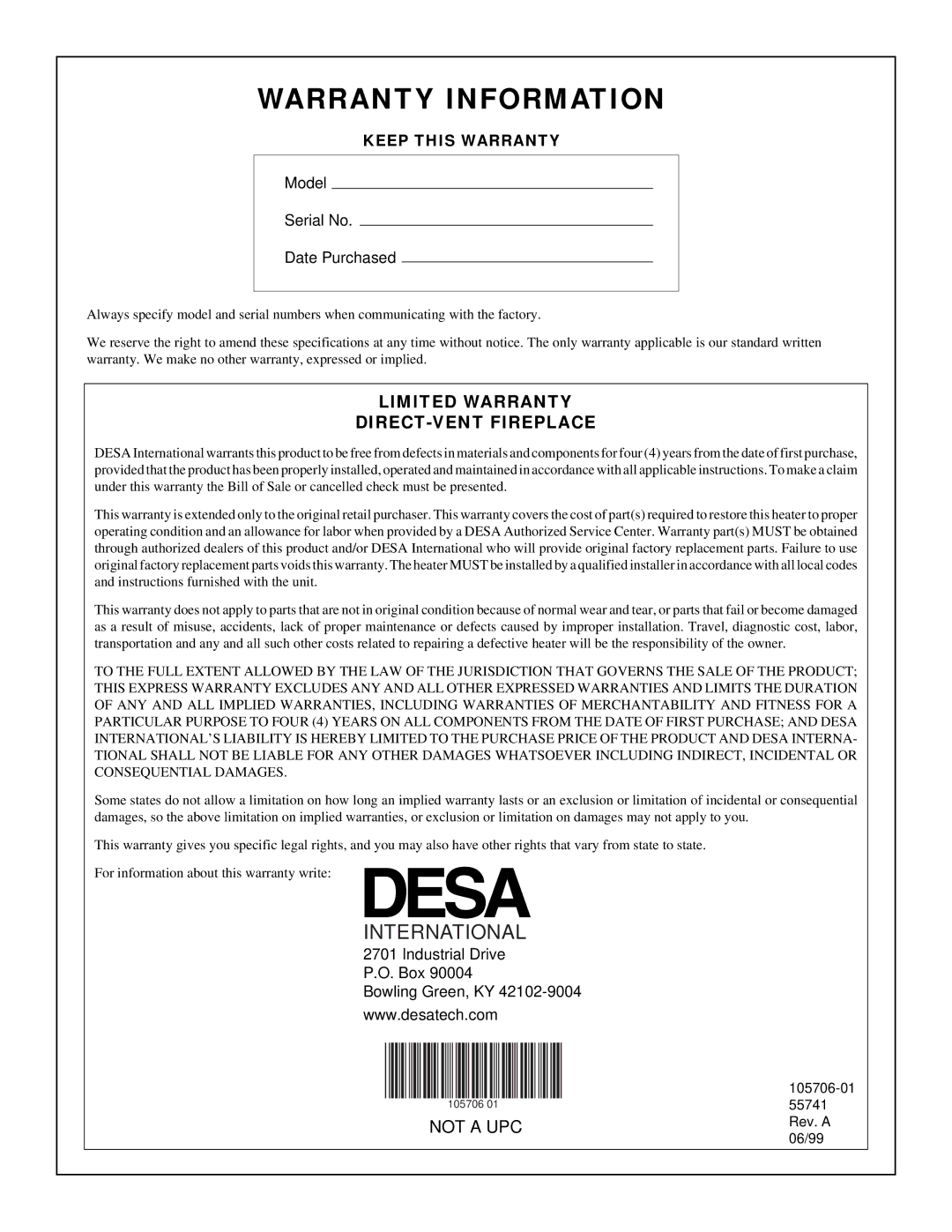 Vanguard Heating VDVF36PN, VDVF36STP, VDVF36STN, VDVF36PP installation manual Warranty Information 