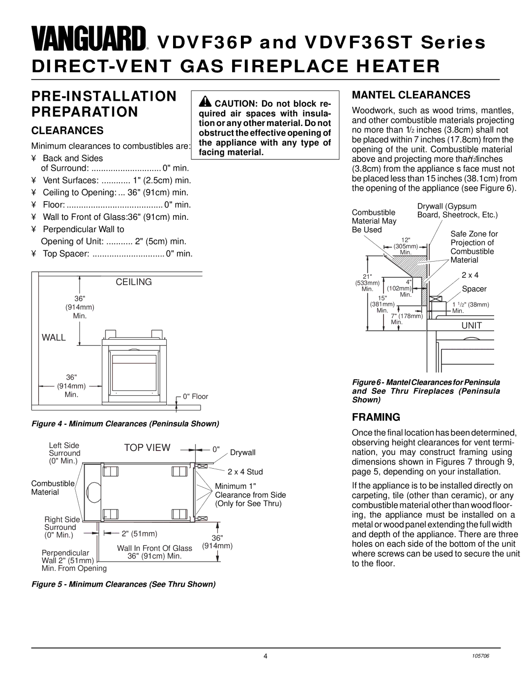 Vanguard Heating VDVF36STP, VDVF36STN, VDVF36PN, VDVF36PP PRE-INSTALLATION Preparation, Mantel Clearances, Framing 