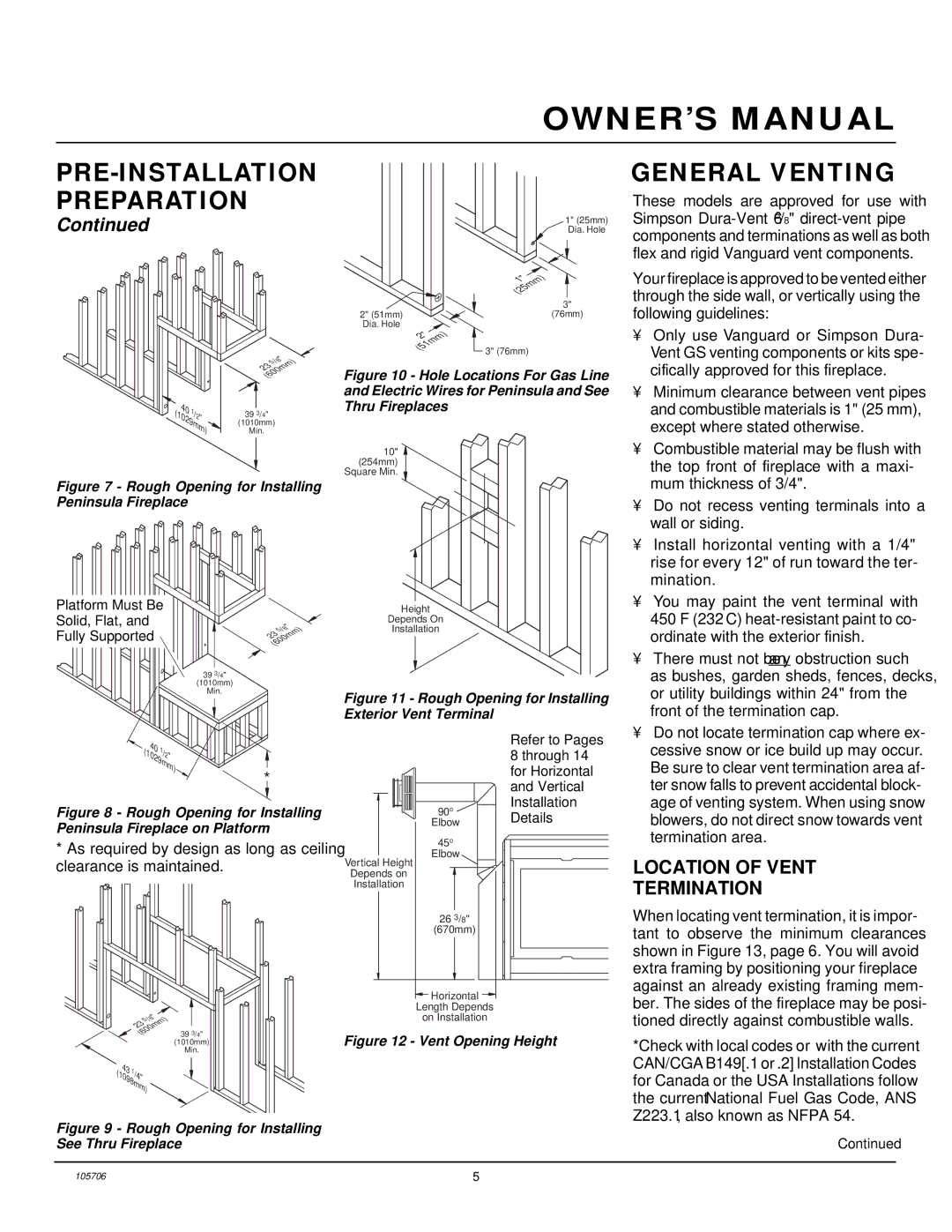 Vanguard Heating VDVF36STN, VDVF36STP, VDVF36PN, VDVF36PP installation manual General Venting, Location of Vent Termination 