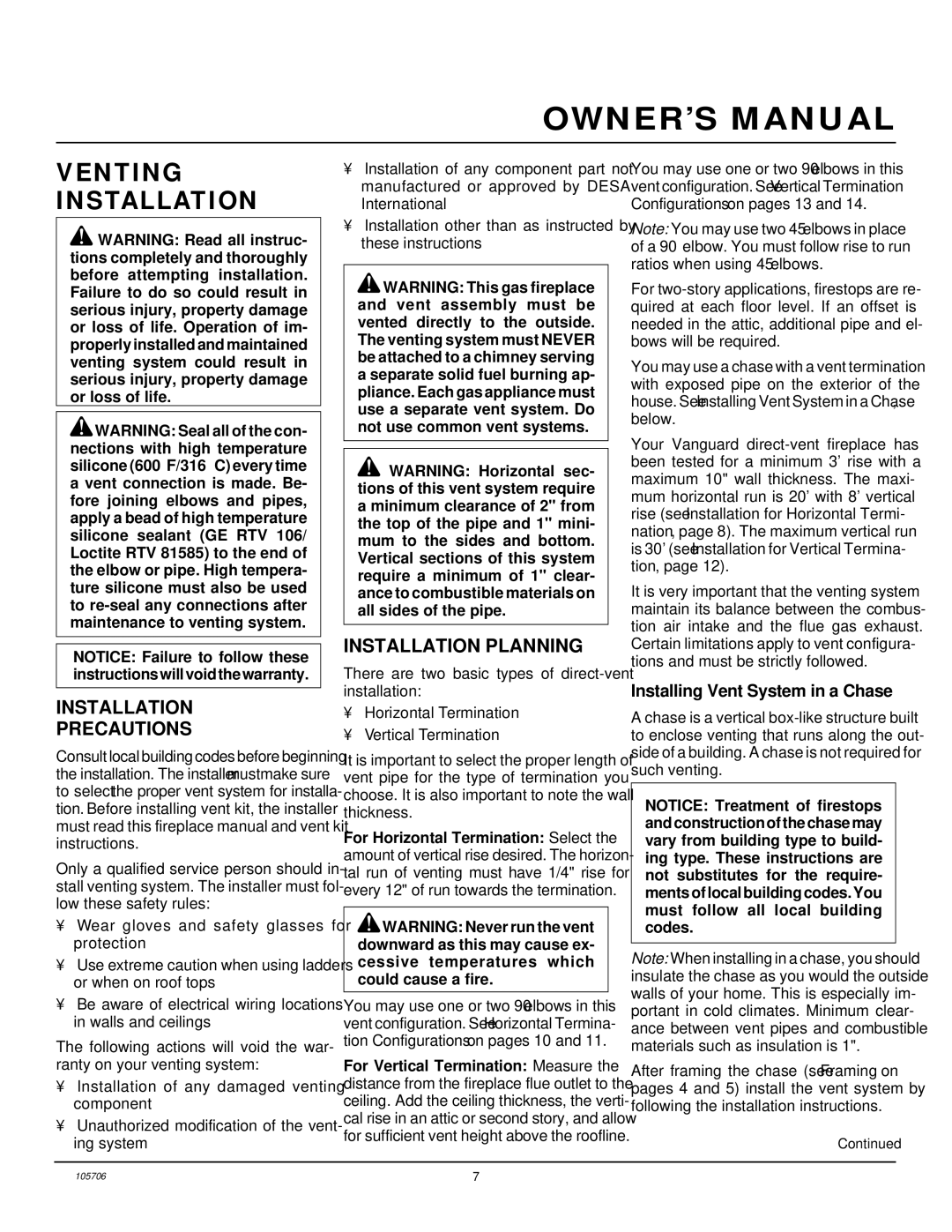 Vanguard Heating VDVF36PP, VDVF36STP, VDVF36STN Venting Installation, Installation Precautions, Installation Planning 