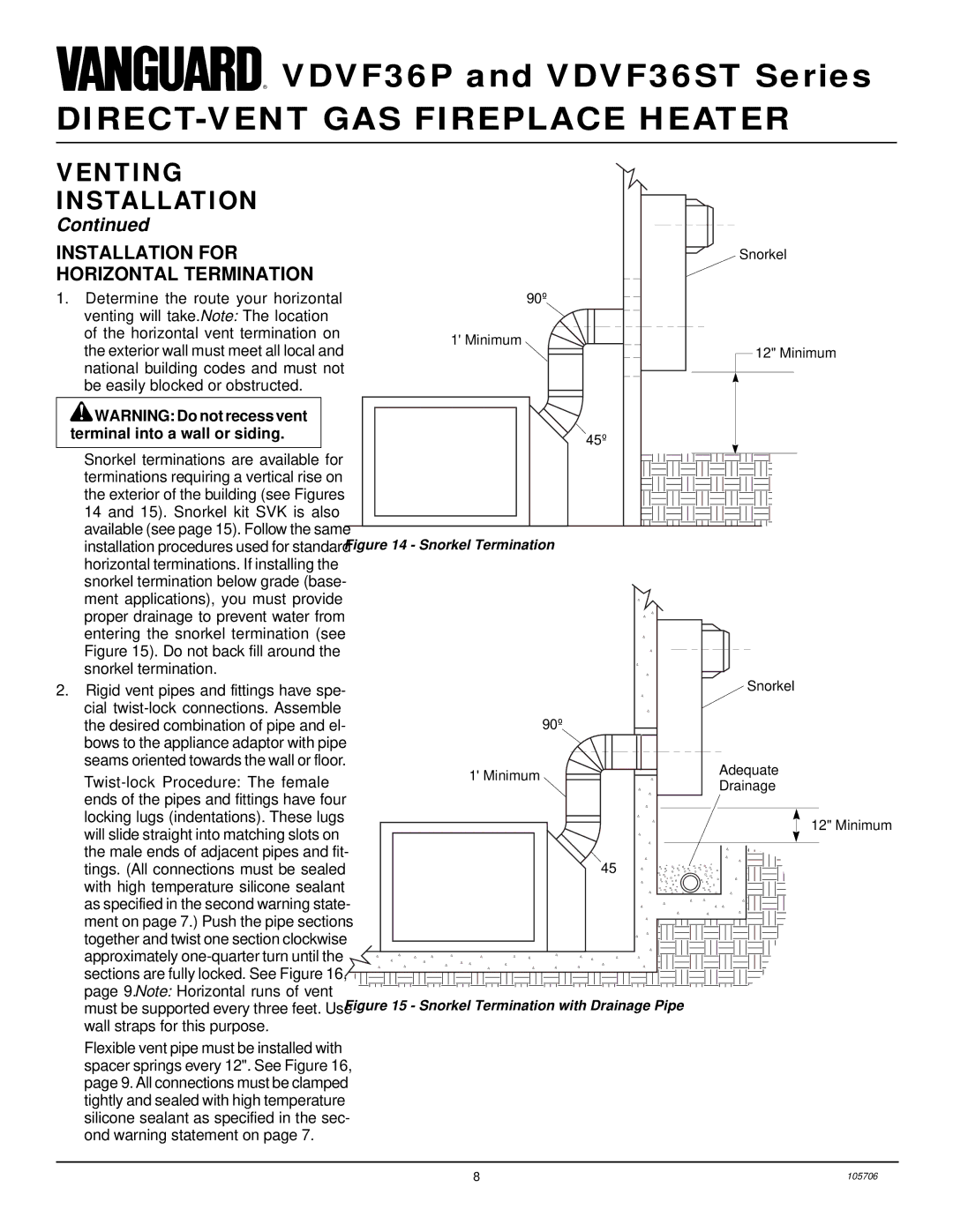 Vanguard Heating VDVF36STP, VDVF36STN, VDVF36PN, VDVF36PP Installation for Horizontal Termination, Snorkel Termination 