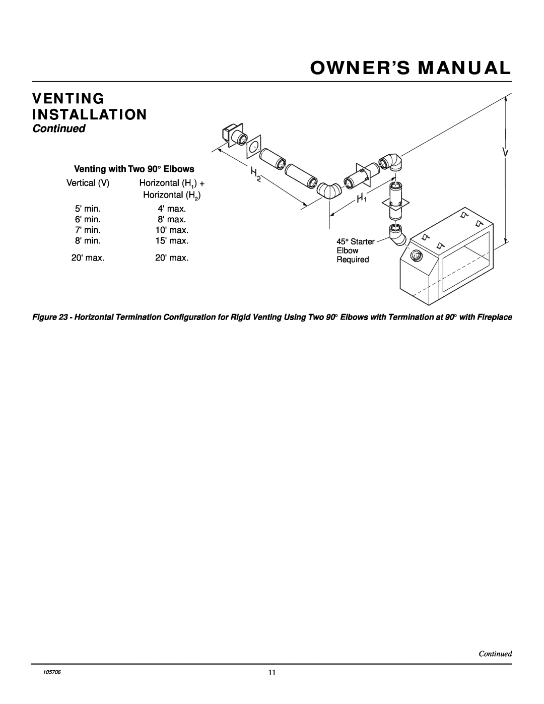 Vanguard Heating VDVF36PP, VDVF36STP, VDVF36STN, VDVF36PN Venting Installation, Continued, Venting with Two 90 Elbows 