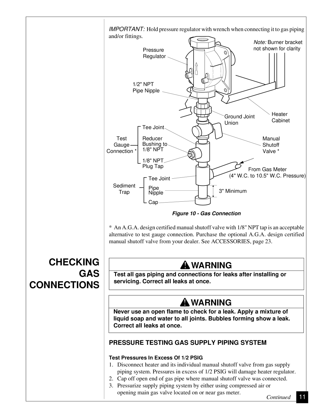 Vanguard Heating VGN30 installation manual Checking GAS Connections, Pressure Testing GAS Supply Piping System 