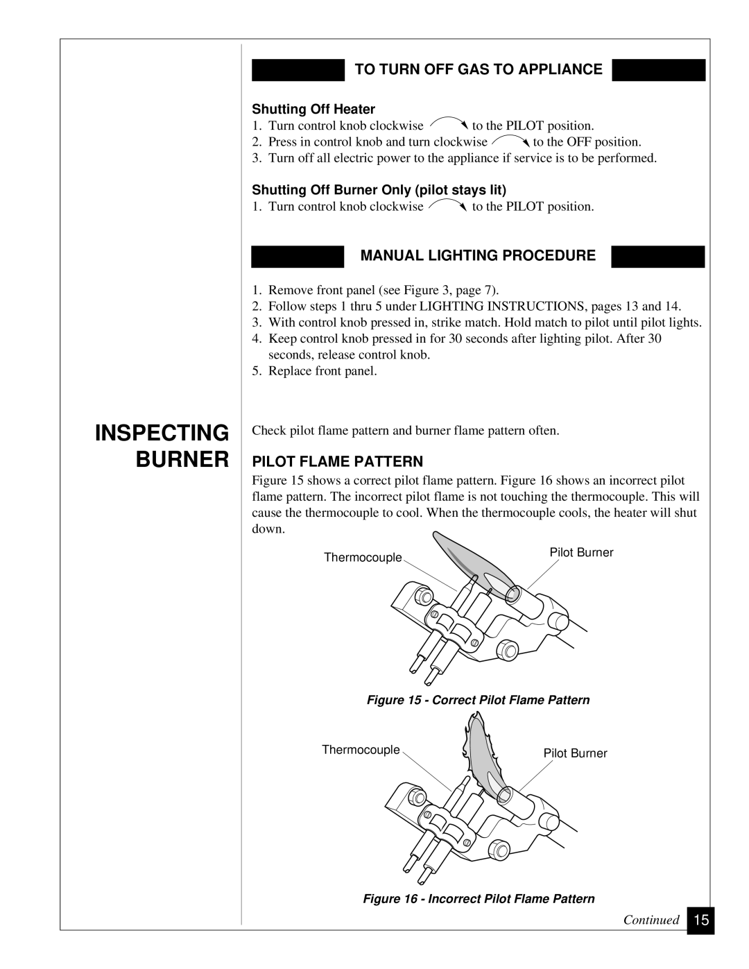 Vanguard Heating VGN30 Inspecting Burner, To Turn OFF GAS to Appliance, Manual Lighting Procedure, Pilot Flame Pattern 