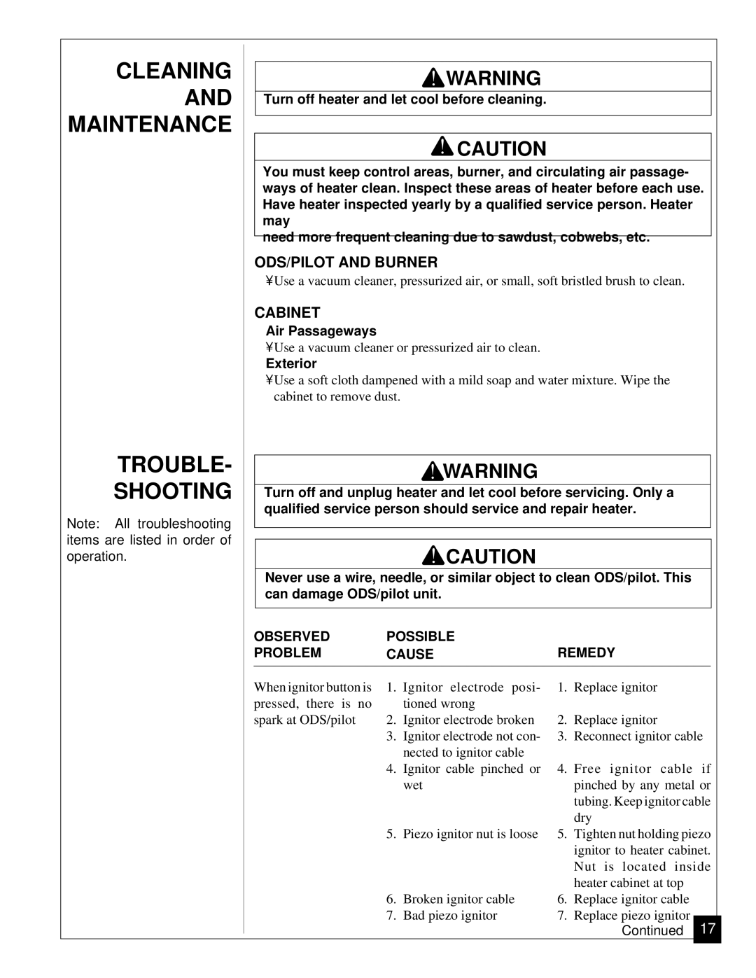 Vanguard Heating VGN30 Cleaning and Maintenance Trouble Shooting, ODS/PILOT and Burner, Cabinet, Air Passageways, Exterior 