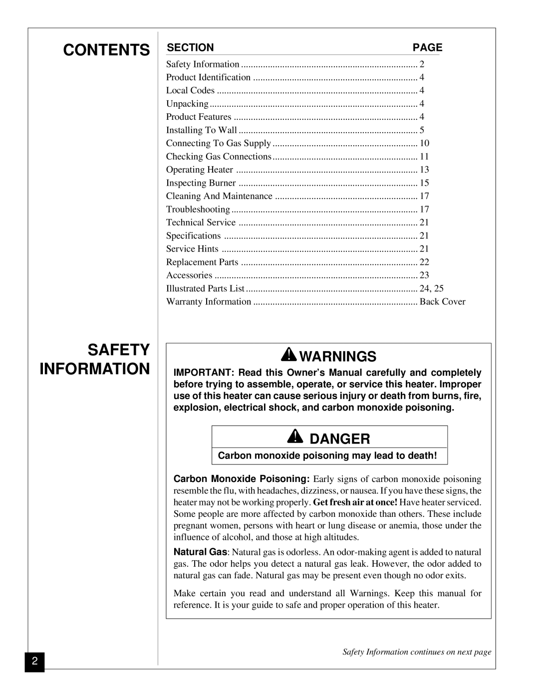 Vanguard Heating VGN30 installation manual Contents Safety Information 